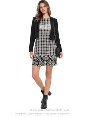 Plaid Lace Mod Tunic Mini Dress M Black White Stretch